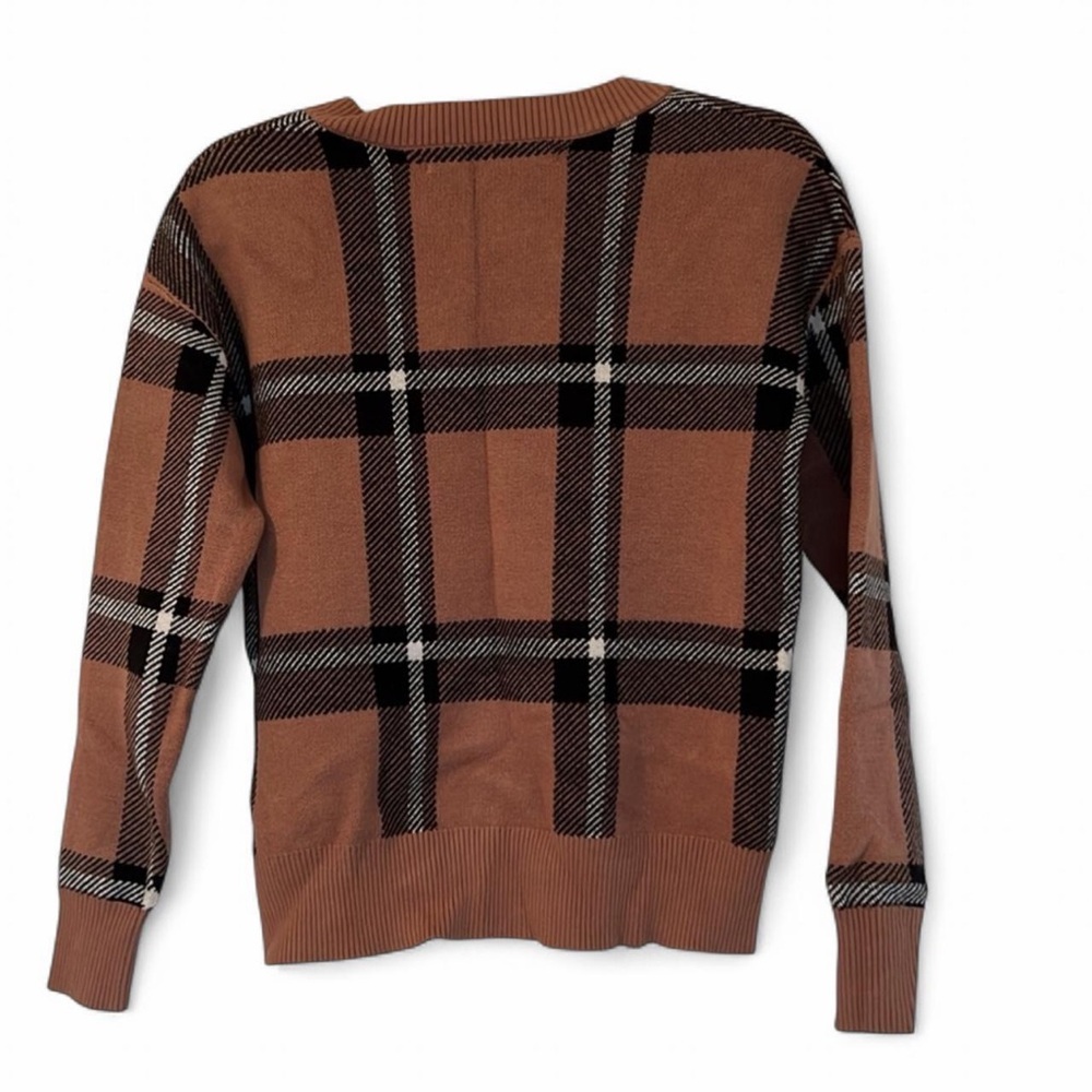 Max Studio Plaid V-Neck Sweater Brown Black XS - Picture 4 of 9